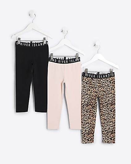 Mini Girls Beige Leopard RI Leggings 3 Pack