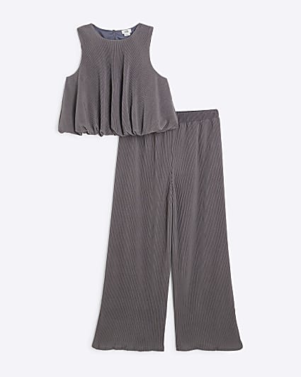 Girls Grey Bubble Hem Top And Trousers Set