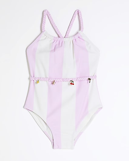 Mini Girls Pink Stripe Charm Belt Swimsuit