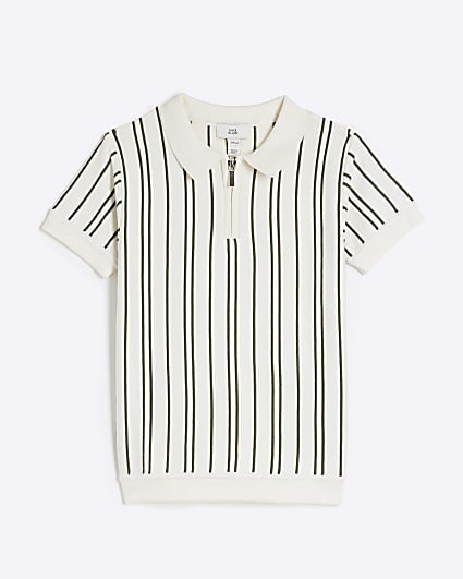 Boys White Vertical Stripe Polo Knitted Shirt