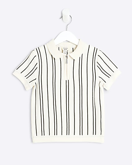 Mini Boys White Stripe Knitted Polo Shirt