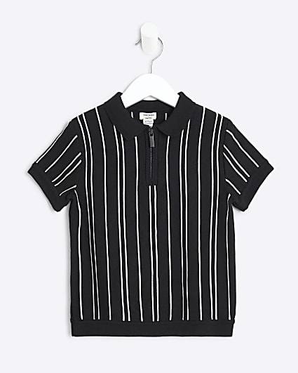 Mini Boys Black Stripe Polo Knitted Shirt