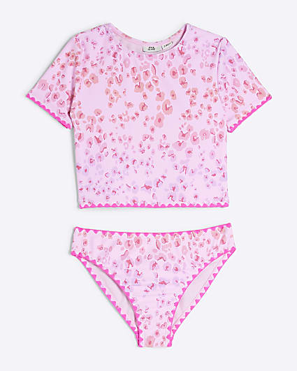 Girls Pink Leopard T-Shirt Bikini Set