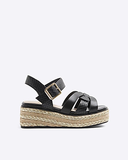 Girls Black Weave Wedge Sandals