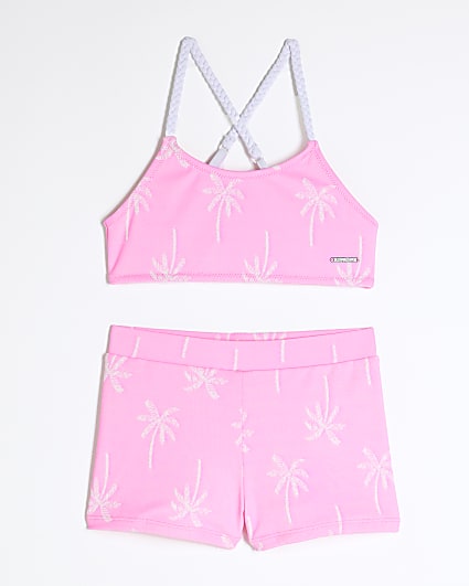 Girls Pink Palm Textured Short Bikini Set