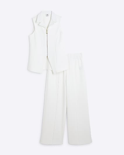 Girls White Zip Waistcoat Wide Leg Set