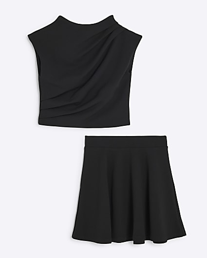 Girls Black Drape Top And Skirt Set