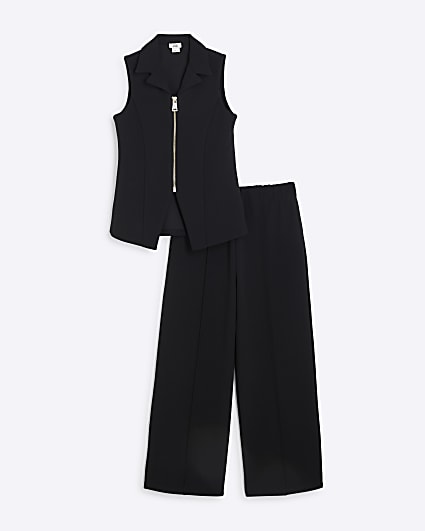 Girls Black Zip Waistcoat Wide Leg Set