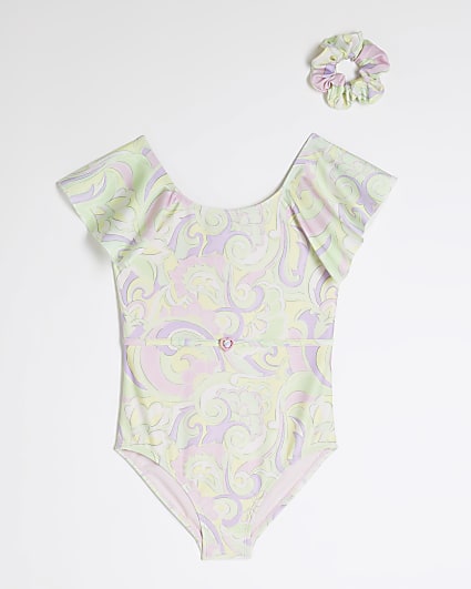 Girls Green Swirl Print Swimsuit Set