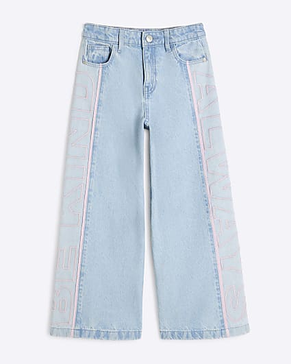 Girls Blue Wide Leg Embroidery Wordy Jeans