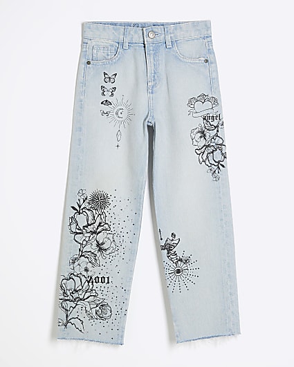 Girls Blue Denim Doodle Straight Jeans