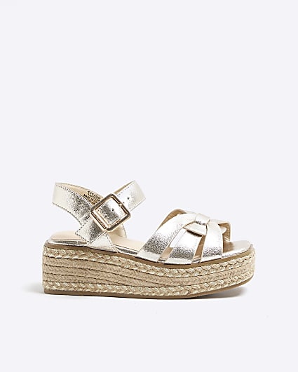 Girls Gold Faux Leather Weave Wedge Sandals