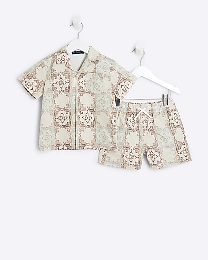 Mini Boys Cream Aztec Shirt And Shorts Set