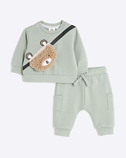 Baby Boys Khaki Borg Bear Sweatshirt Set