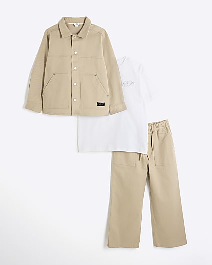 Boys Beige Washed Twill Shacket Set