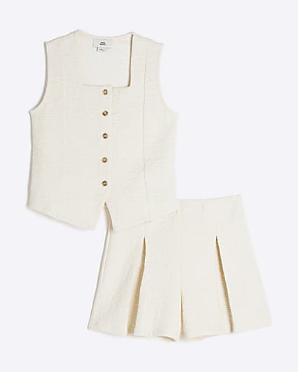 Girls Cream Textured Waistcoat Shorts Set