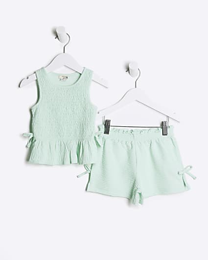 Mini Girls Turquoise Shirred Bow Tank Top Set