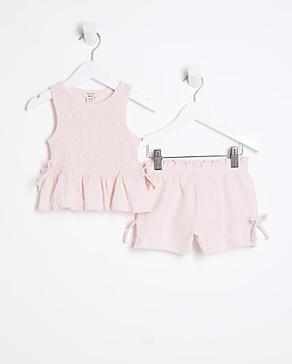 Mini Girls Pink Shirred Bow Tank Top Set