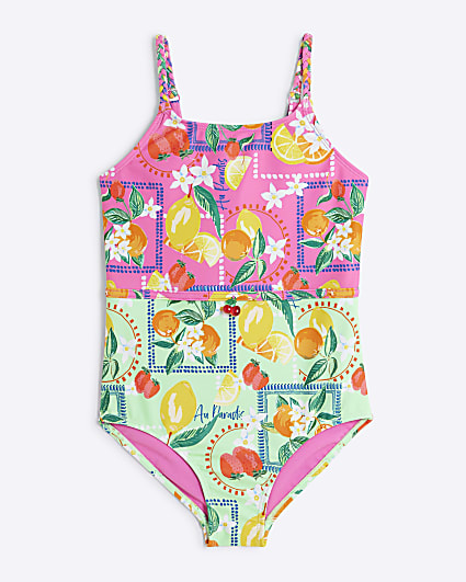 Girls Pink Lemon Print Swimsuit