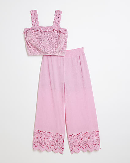 Girls Pink Crochet Top And Trousers Set