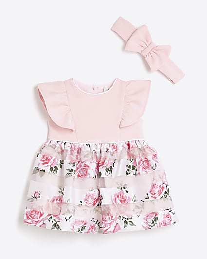 Baby Girls Pink Floral Dress And Hairband Set