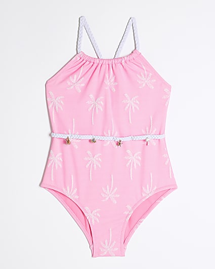 Girls Pink Palm Textured Swimsuit