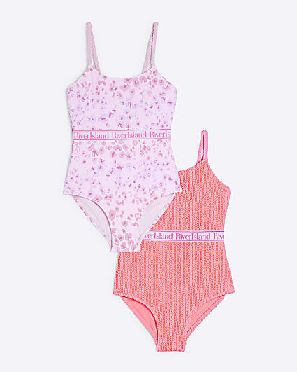 Girls Pink Leopard Textured Swimsuit 2 Pack