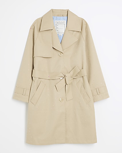 Girls Beige Diamante Trench Coat