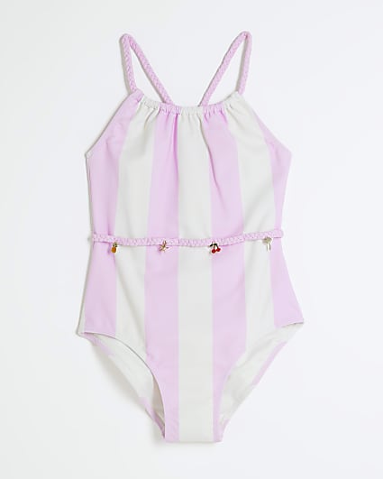 Girls Pink Stripe Charm Belt Swimsuit