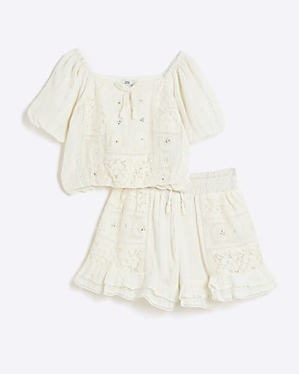 Girls Cream Lace Shimmer Beach Short Set