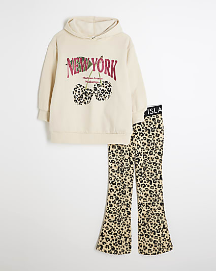 Girls Cream Hoodie And Leopard Trousers Set