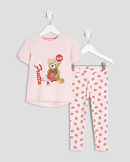 Mini Girls Pink Strawberry Bear Top Set