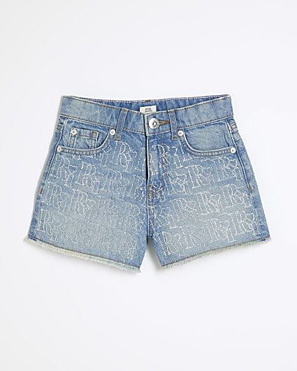 Girls Blue Denim RI Embellished Mom Shorts