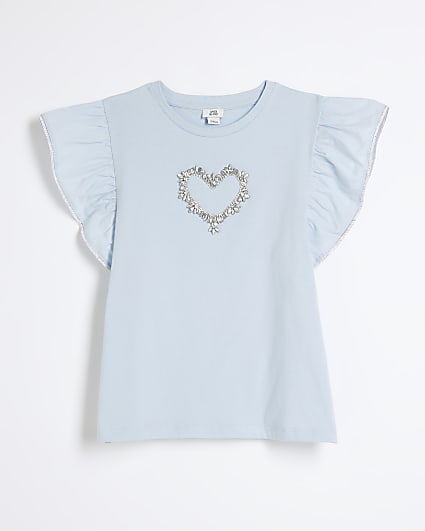 Girls Blue Heart Frill Sleeve T-Shirt