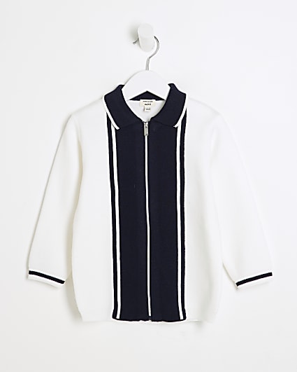 Mini Boys White Zip Through Knitted Polo Top