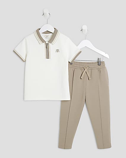 Mini Boys White Texture Tipped Polo Shirt Set