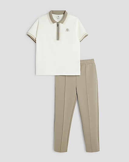 Boys White Tipped Polo And Joggers Set