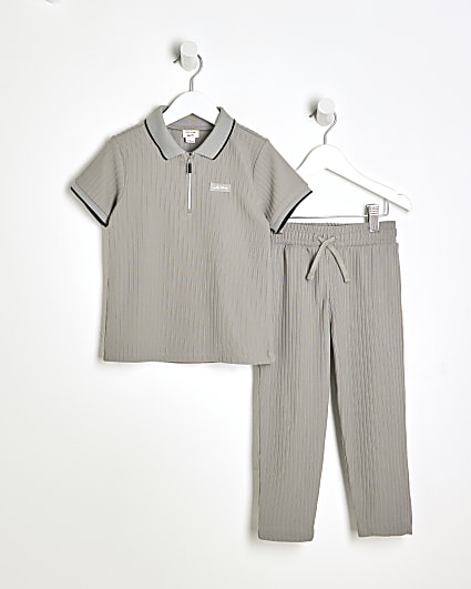 Mini Boys Grey Ribbed Polo Shirt Set