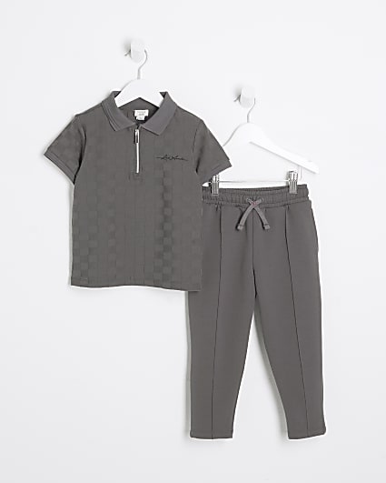 Mini Boys Grey Checkerboard Polo Shirt Set