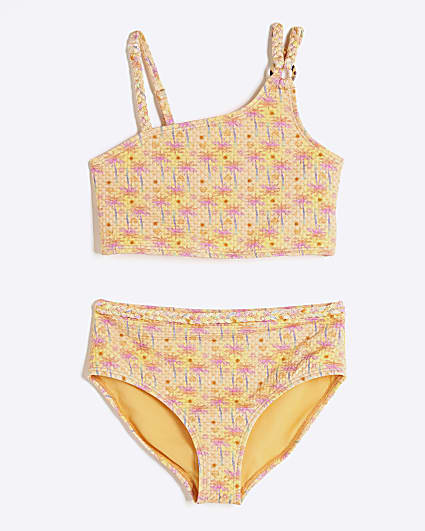 Girls Orange Glitter Palm Print Bikini Set