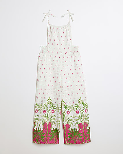 Girls Cream Tropical Palm Beach Jumpsuit