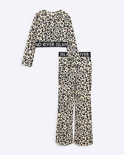 Girls Beige Leopard Kickflare Trousers Set