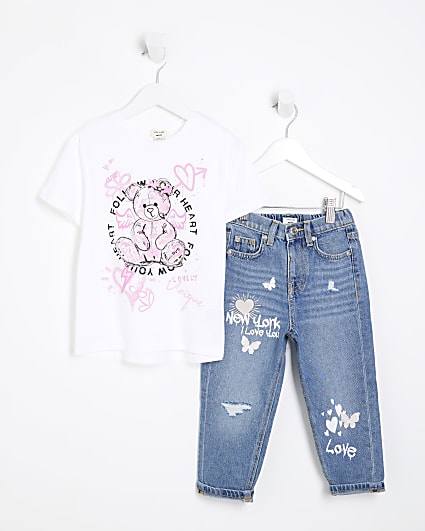 Mini Girls White Graffiti Bear Jean Set