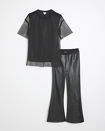 Girls Black Mesh T-Shirt And Leggings Set