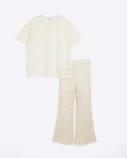 Girls Cream Mesh T-Shirt And Leggings Set