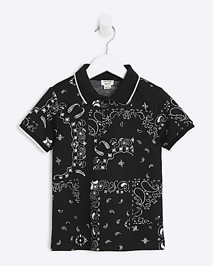 Mini Boys Black Paisley Polo Shirt