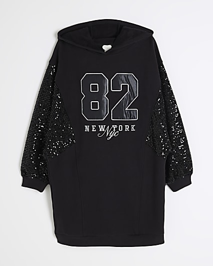 Girls Black Sequin Hooded Sweater Dress