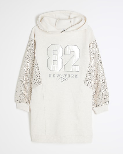 Girls Cream Sequin Hooded Sweater Dress