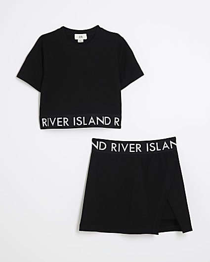 Girls Black RI Waistband Top And Skort Set