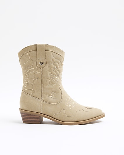 Girls Beige Suedette Western Boots